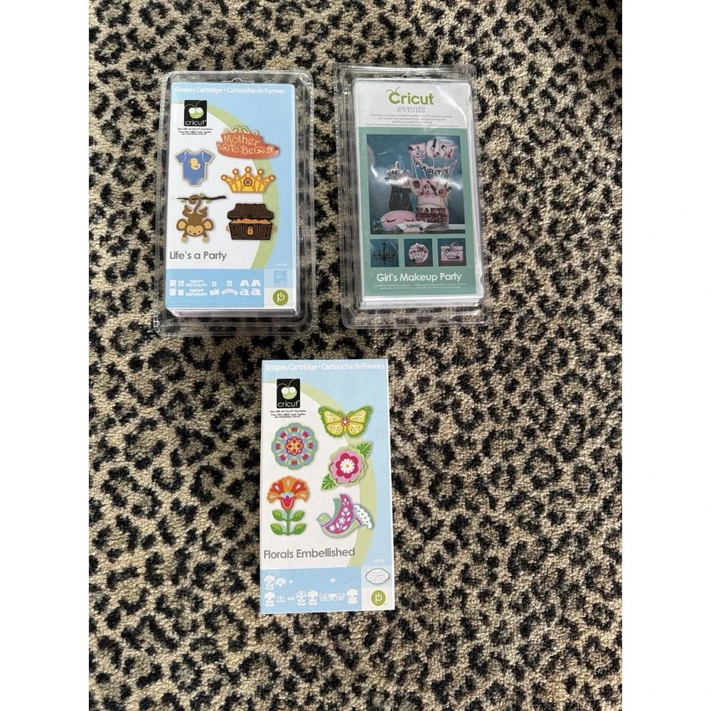 Lot 3 Cricut Cartridges Life's‎ A Party Girl's Makeup Party Florals Embellished
